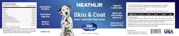 Heathlir Skin and Coat Supplement For Dogs With Salmon Oil, Biotin, Vitamin E, Omega 3