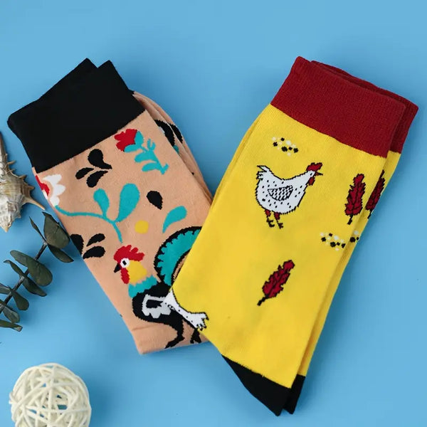 Cartoon Chicken Pattern Crew Socks, Breathable Comfy Casual Street Style Socks-2 pack