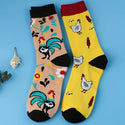 Cartoon Chicken Pattern Crew Socks, Breathable Comfy Casual Street Style Socks-2 pack