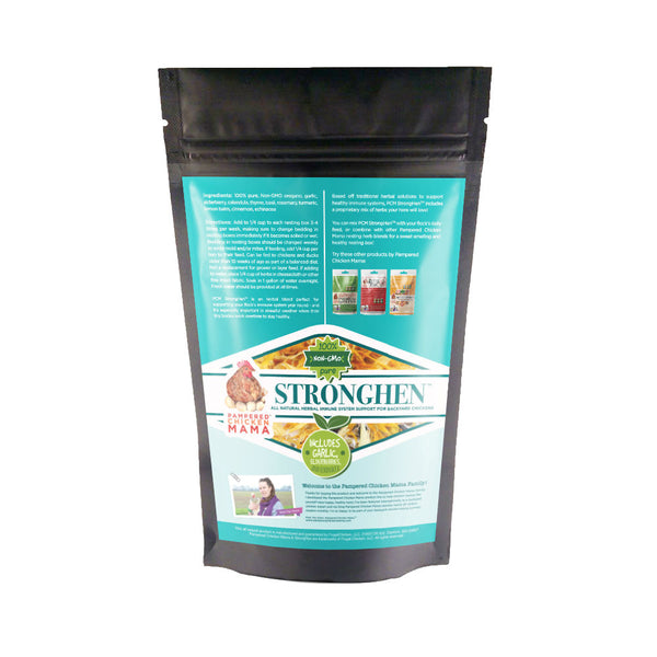 stronghen coop herbs for pet chickens in a black bag